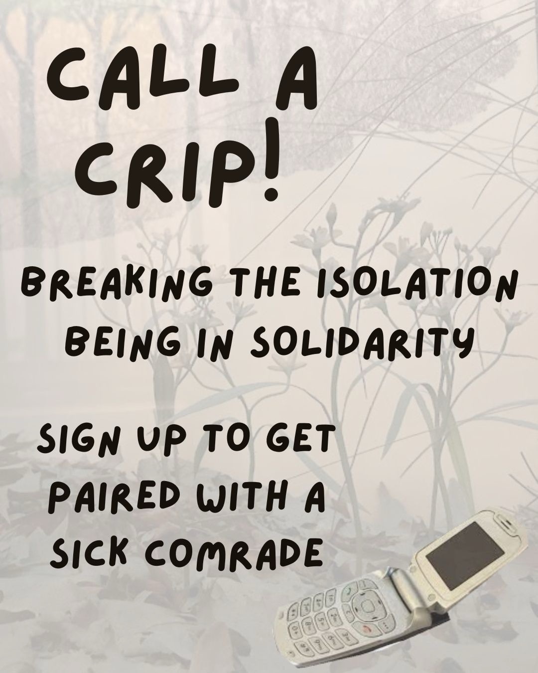 Light white/pink color with the shadows of trees and leaves and big black text that reads "Call a crip. Breaking the isolation / Being in Solidarity. Sign up to get paired with a sick comrade" There is a grey flip phone in the bottom right corner.